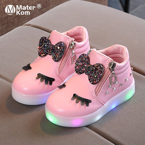 Size 21-30 Children Glowing Sneakers Kid Princess Bow for Girls LED Shoes Cute Baby Sneakers with Light Shoes Krasovki Luminous - shoedesk